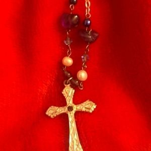 SILVER plated cross with center amethyst stone
